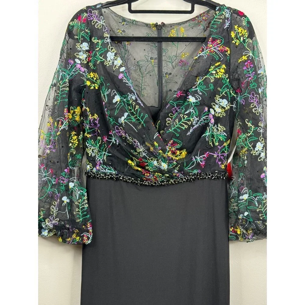 Mac Duggal 79379 Puffed Sleeve Maxi Dress Gown Illusion Embroidered Size 8 NWT - Picture 6 of 7